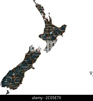 Mappa stradale della Nuova Zelanda con etichettatura. Illustrazione Vettoriale