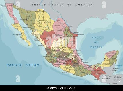 Messico - Mappa politica modificabile e altamente dettagliata con etichettatura. Illustrazione Vettoriale