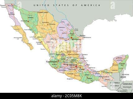 Messico - Mappa politica modificabile e altamente dettagliata con etichettatura. Illustrazione Vettoriale