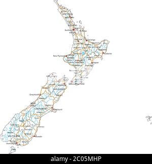 Mappa stradale della Nuova Zelanda con etichettatura. Illustrazione Vettoriale