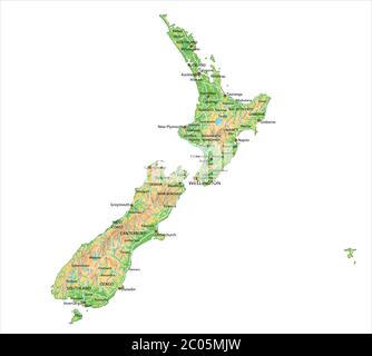 Mappa fisica della Nuova Zelanda con etichette dettagliate. Illustrazione Vettoriale