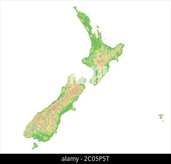 Mappa fisica della Nuova Zelanda dettagliata. Illustrazione Vettoriale