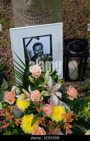 11 giugno 2020, Sassonia-Anhalt, Dessau-Roßlau: Fiori, corone, una candela e una foto dell'assassinato Alberto Adriano sono su una pietra commemorativa nel parco cittadino di Dessau. Il mozambicano di 39 anni fu picchiato dai neo-nazisti nel 11.06.2000, morì tre giorni dopo per le sue ferite. Con un ricordo silenzioso, è stato ricordato. Foto: Sebastian Willnow/dpa-Zentralbild/dpa Foto Stock