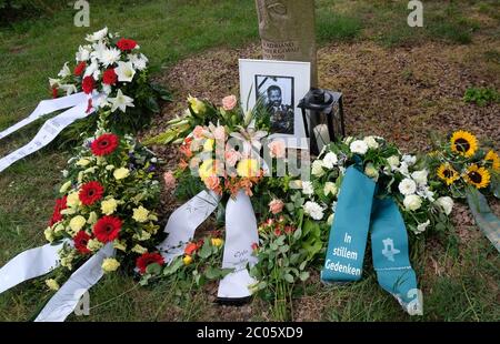 11 giugno 2020, Sassonia-Anhalt, Dessau-Roßlau: Fiori, corone, una candela e una foto dell'assassinato Alberto Adriano sono su una pietra commemorativa nel parco cittadino di Dessau. Il mozambicano di 39 anni fu picchiato dai neo-nazisti nel 11.06.2000, morì tre giorni dopo per le sue ferite. Con un ricordo silenzioso, è stato ricordato. Foto: Sebastian Willnow/dpa-Zentralbild/dpa Foto Stock