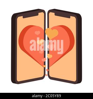 Due smartphone con immagine vettoriale dei segni cardiaci piatta. Concetto vettoriale romantico per l'applicazione di datazione, o il disegno di Web site di data. Grafica per San Valentino. Illustrazione Vettoriale