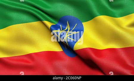 Rappresentazione 3D della bandiera etiope che sventola nel vento, Etiopia Foto Stock