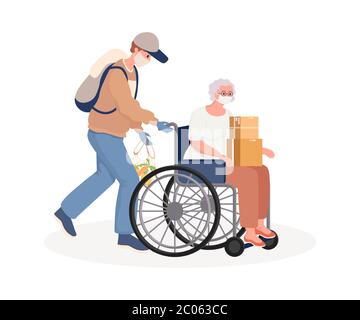 Giovane uomo che sostiene e cura la vecchia donna disabile su sedia a rotelle vettore piatto illustrazione cartoon. Volontariato che aiuta con lo shopping e la cura di donna anziana a rischio durante l'epidemia di coronavirus. Illustrazione Vettoriale