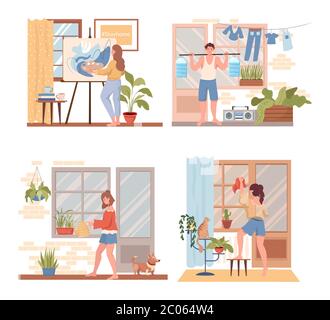 Spenda il tempo al concetto piatto del vettore domestico. Giovani in abiti comodi dipingere, fare esercizi sportivi sul balcone, pulire l'appartamento e annaffiatura casa piante illustrazione cartoon. Illustrazione Vettoriale