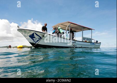 Tuffati in acqua presso la barca da immersione, Yap Island, Micronesia, Caroline Islands, Oceano Pacifico Foto Stock