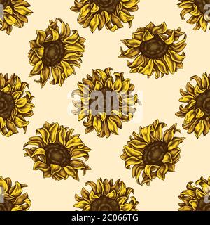 Motivo senza cuciture con girasole colorate disegnate a mano Illustrazione Vettoriale