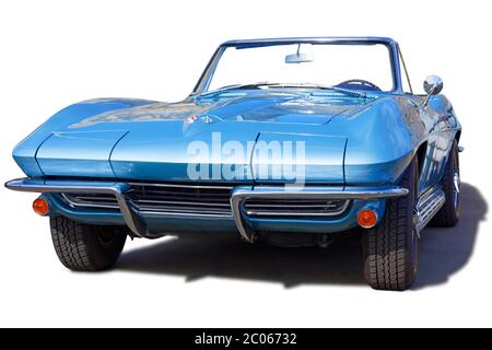 Blue Chevrolet Corvette Sting Ray Convertibile, più tardi Stingray, tipo C2, 2a generazione, Roadster, convertibile, cabriolet, anno di costruzione 1965 Foto Stock