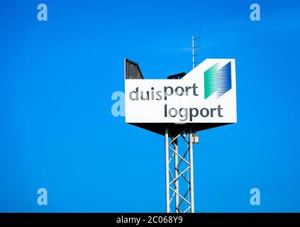 Cartello contenitore terminale duisport logport, Porto di Duisburg, Duisburg, Ruhr Area, Nord Reno-Westfalia, Germania Foto Stock