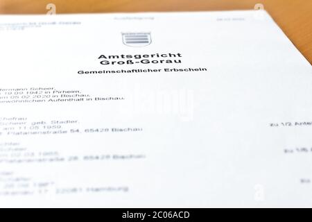Certificato di successione comune tedesco della corte d'probe: Gemeinschaftlicher Erbschein. Foto Stock