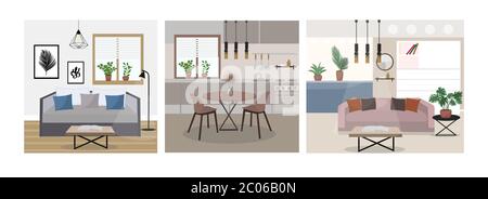 Interni dal design moderno e alla moda, in stile piatto. Camera da letto, cucina soggiorno. Illustrazione vettoriale Illustrazione Vettoriale