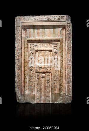 Antica stele Egiziana Falso porta di Chamberlain Hornakht, figlio di Mera, srimestone, Regno di mezzo, XII dinastia (1939-1759 a.C.), Museo Egizio Foto Stock