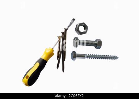 Viti assortite, dadi, bulloni, chiodi e cacciaviti Foto Stock