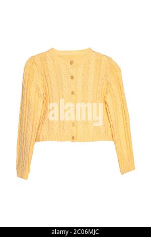 Ragazze vestiti. Festosa giallo bellissima bambina maglione o a maglia cardigan isolato su uno sfondo bianco. I bambini e i ragazzi della moda. Foto Stock