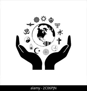 Simboli della religione mondiale con mani aperte e silhouette globo terrestre Illustrazione Vettoriale