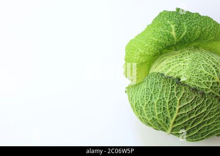 Concetto vegetale. Freschi cavoli verdeggianti sabaudi isolati su sfondo bianco. Vista dall'alto, spazio di copia. Foto Stock