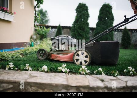Falciatura del prato in corso in un cortile. Foto Stock