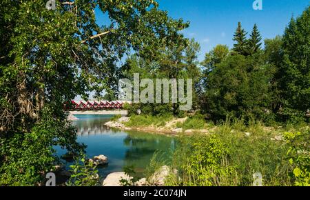 Vista dello skyline di calgary dal Bow Riverbanks, Alberta, Canada Foto Stock