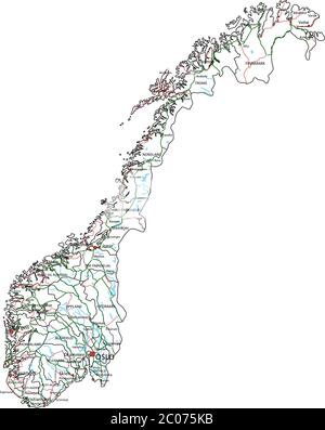 Mappa stradale e autostradale della Norvegia. Illustrazione vettoriale. Illustrazione Vettoriale