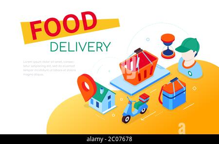 Food delivery - banner Web isometrico moderno e colorato Illustrazione Vettoriale