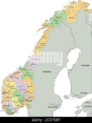 Norvegia - Mappa politica modificabile e molto dettagliata con etichettatura. Illustrazione Vettoriale