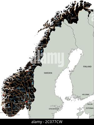 Mappa stradale della Norvegia dettagliata con etichettatura. Illustrazione Vettoriale