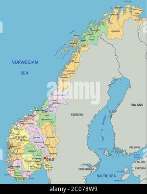 Norvegia - Mappa politica modificabile e molto dettagliata con etichettatura. Illustrazione Vettoriale