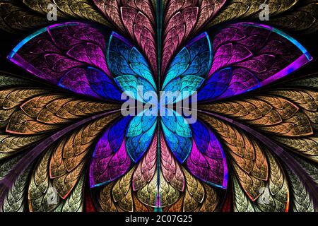 Simmetriche multicolore modello frattale come fiore o farfalla in vetrata stile. Grafica generata al computer. Foto Stock
