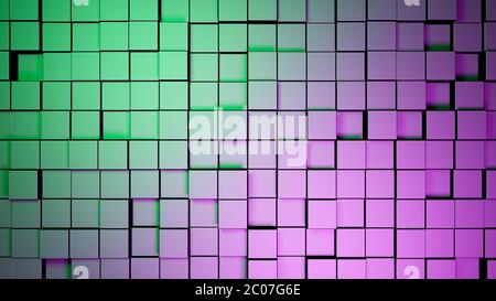 Rendering 3D di piastrelle quadrate lucide metallizzate elevate, superficie con gradiente di colore viola verde, illustrazione piatta Foto Stock