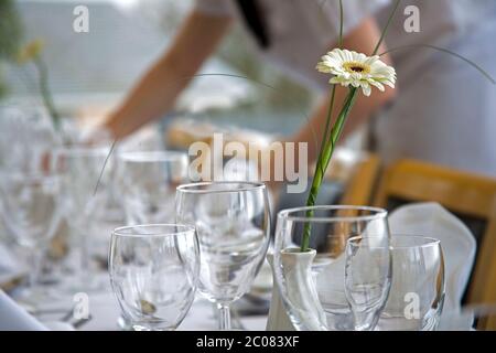 Tavolo da pranzo con bicchieri da vino e fiori Foto Stock