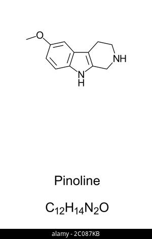 Pinolina, formula scheletrica e struttura molecolare. Una triptolina metossilata, secondo quanto affermato nella ghiandola pineale. Foto Stock