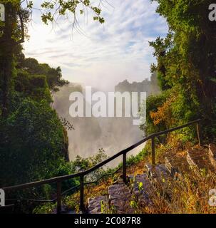 Scalinata che porta alle Cascate Victoria sul fiume Zambesi nello Zimbabwe Foto Stock