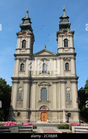 La Cattedrale barocca di Subotica al sole di primavera in Serbia. Dedicata a Santa Teresa d'Avila. Foto Stock