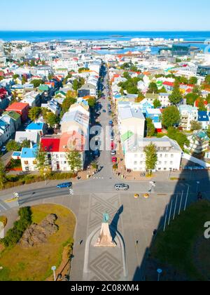 Vista aerea di Reykjavik dalla cima della chiesa di Hallgrimskirkja, Islanda. Foto Stock