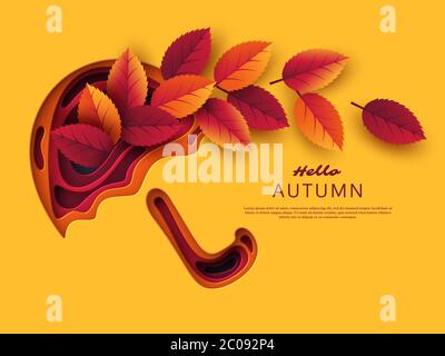 Banner di vendita autunnale con foglie, fiori e gocce d'acqua in 3d. Sfondo viola - modello per sconti stagionali, illustrazione vettoriale. Illustrazione Vettoriale