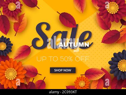 Banner di vendita autunnale con foglie e fiori 3d. Sfondo giallo - modello per sconti stagionali, illustrazione vettoriale. Illustrazione Vettoriale