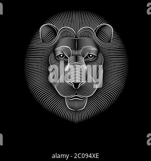 Testa del Leone fatta di linee bianche su sfondo nero. Serietà e attenzione. Illustrazione Vettoriale