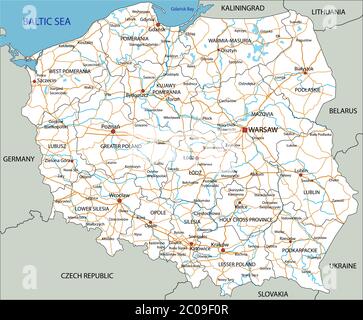 Mappa stradale della Polonia con etichettatura. Illustrazione Vettoriale