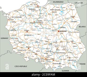 Mappa stradale della Polonia con etichettatura. Illustrazione Vettoriale