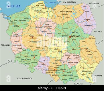 Polonia - Mappa politica modificabile e molto dettagliata con etichettatura. Illustrazione Vettoriale