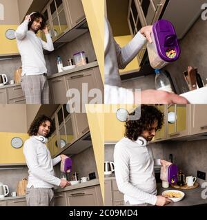 Collage di bell'uomo in cuffia che versa cereali in una ciotola in cucina Foto Stock