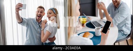 collage di coppia felice che prende selfie e ragazza utilizzando smartphone con schermo vuoto vicino a colazione e uomo Foto Stock