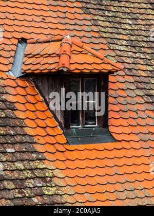 Vecchio tetto arancione con finestra retrò dormer Foto Stock