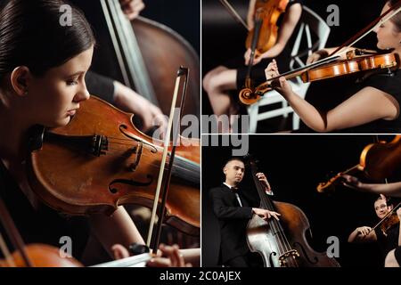 collage con trio di musicisti professionisti che suonano su violini e contrabbasso su palcoscenico scuro Foto Stock