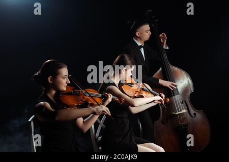 musicisti professionisti che suonano su contrabbasso e violini isolati su nero Foto Stock