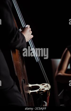 visione ritagliata di musicisti professionisti che suonano su violino e contrabbasso sul palcoscenico scuro Foto Stock