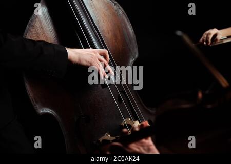 visione ritagliata di musicisti professionisti che suonano su violino e contrabbasso sul palcoscenico scuro Foto Stock